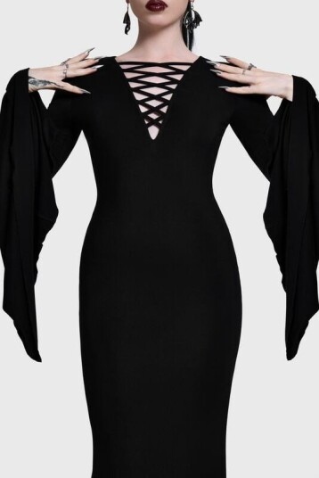 Killstar   Goth Lang kjole   SERAPHELLE MAXI DRESS   XS til 4XL   Damer   svart