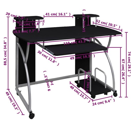 vidaXL Databord svart 110x52x88,5 cm konstruert tre