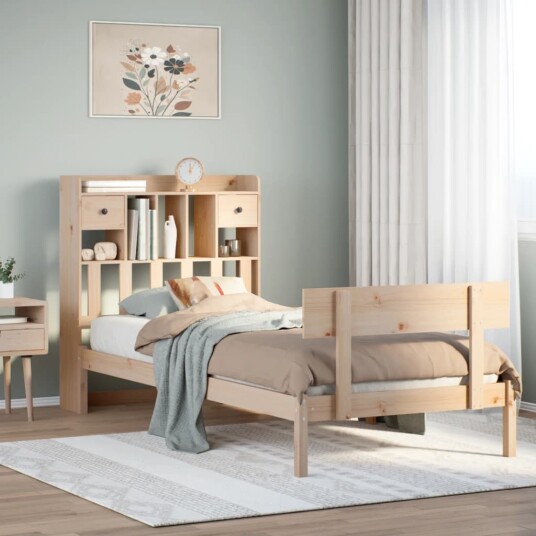Seng med bokhylle uten madrass 75x190 cm heltre furu 8721158606051