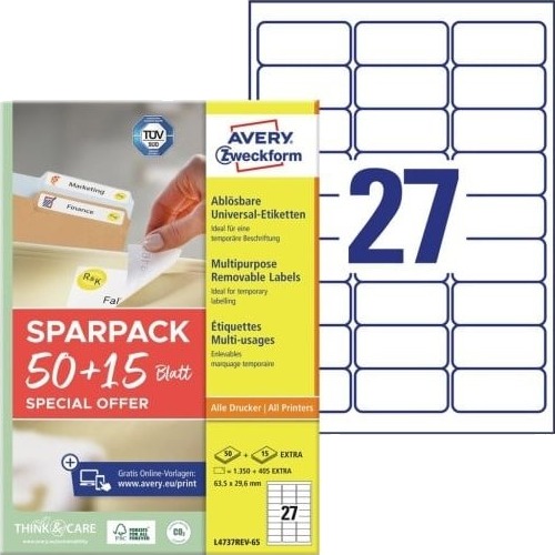 Avery L4737rev 65 Hvit Selvklebende Skriveretikett A4 Papir Laser/Blekkstråleskriver Avtagbar