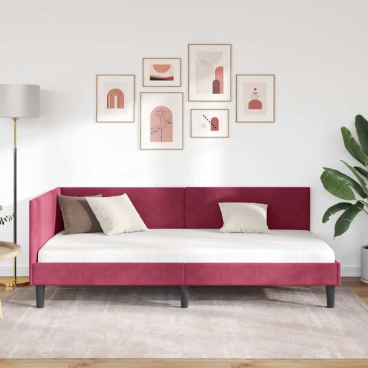 Hjørnesengramme Vinrød 90 x 190 cm Fløyel og konstruert tre Hjørnesengramme Vinrød 90 x 190 cm Fløyel og konstruert tre