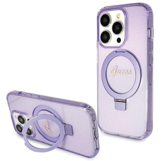 Guess Mobildeksel til iPhone 13 Pro Max med Ring Stativ og Glitter Lilla MagSafe