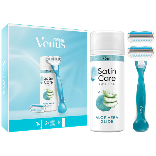 Gillette sateng gavesett Venus glatt barberskrape + ekstra blad + barbergel 75ml.