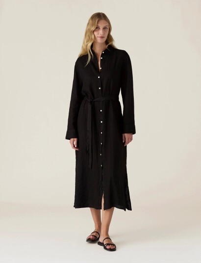 Lexington Clothing Long Linen Shirt Dress Black L Lexington Clothing Long Linen Shirt Dress Black L