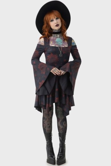 Killstar   Goth Kort kjole   Blood Rose Mini Dress   XS til XL   Damer   svart rød