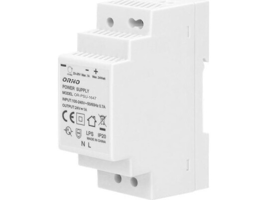 Orno Strømforsyning For Din-Skinne 24Vdc, 1A, 24W, 2 Moduler Bred Orno Strømforsyning For Din-Skinne 24Vdc, 1A, 24W, 2 Moduler Bred