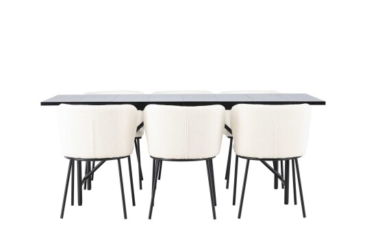 Venture Design Astrid & Edina spisegruppe Hvit/svart 6 stoler & bord 200 x 90 cm