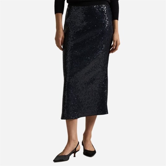 Ralph Lauren Sequined Stretch Mesh Skirt Deep Navy