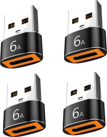 USB A til USB-C adapter PD hurtigladning for reise og kontor, aluminiumhus med svart dobbelglans, USB-C lyd- og dataomformer, støtte opptil 6A, 4-pack