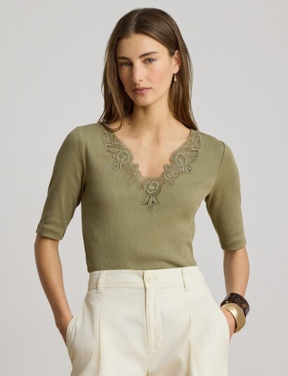 Lauren Ralph Lauren Lace Trim Rib Knit Cotton Blend Top Green L