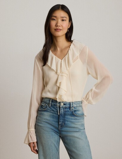 Lauren Ralph Lauren Ruffle Trim Crinkle Georgette Blouse Cream XXL