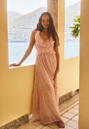 Bubbleroom Occasion Frill Tie Back Chiffon Maxi Dress