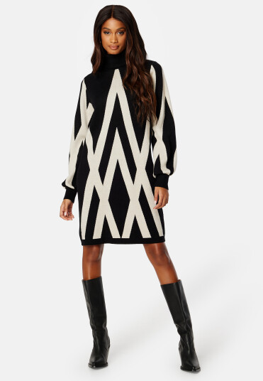 Object Collectors Item Ray L/S Knit Rollneck Dress Black Pattern:SANDSH XS