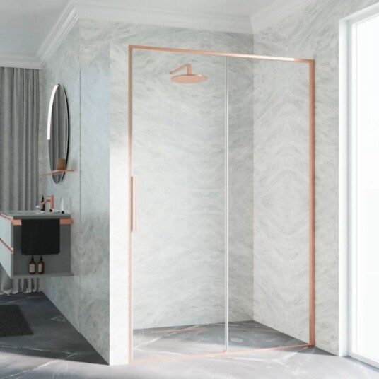 Novellini Riga 2P skyvedør venstre, 106-109 cm, klart glass, børstet kobber profil