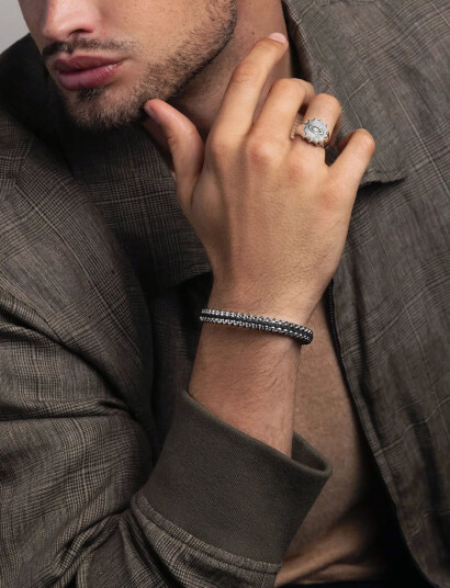 Nialaya Men"s Black Woven 8 Mm Box Chain Bracelet In Silver   Silver   L