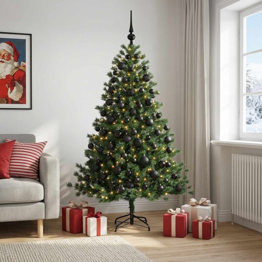 vidaXL Kunstig juletre med julekuler 210 cm 300 LED-lys Varmhvit