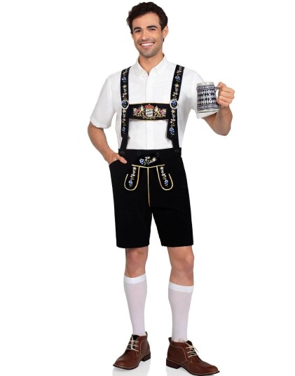Bavarian Lederhosen   Svart Brodert Lederhosen til Herre   Large