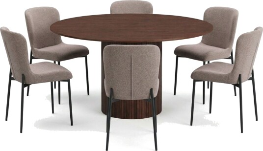Kopparbo spisegruppe rund ca. 130 cm valnøtt med 6 Elsie spisestoler Valnøtt/Grå Kopparbo spisegruppe rund ca. 130 cm valnøtt med 6 Elsie spisestoler Valnøtt/Grå
