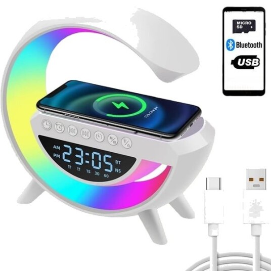 Trådløs lader 15W med RGB-nattlampe, Bluetooth-høyttaler og FM-radio