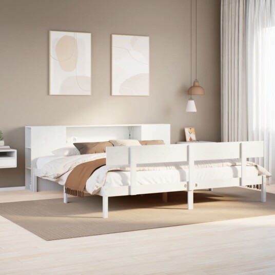 Seng med bokhylle uten madrass hvit 180x200 cm heltre furu 8721158605689