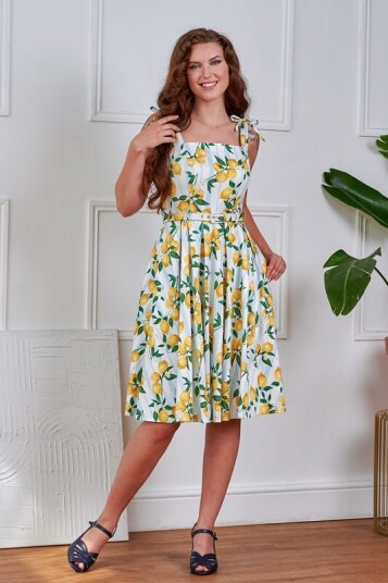 Banned Alternative Rockabilly Middellang kjole June Lemon Swing Kjole XS til XXL Damer gul