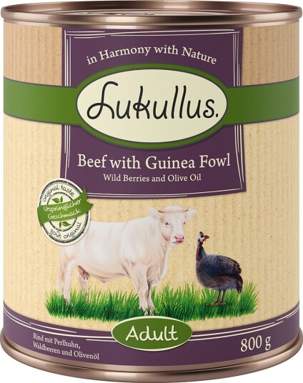 Lukullus Naturkost Adult Kornfri 6 X 800 G Storfekjøtt Med Perlehøns Markbær Og Olivenolje