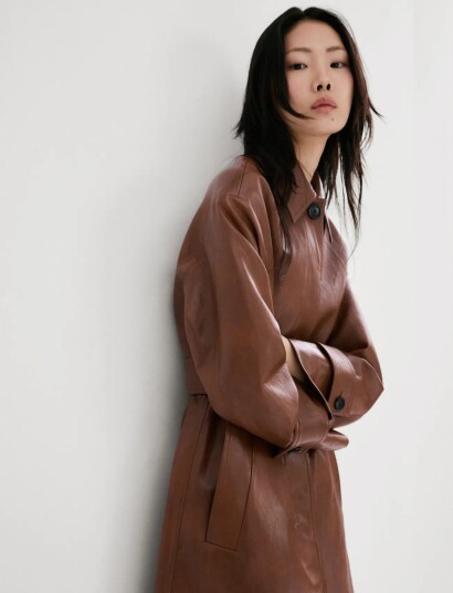 Mango Long Faux Leather Trench Coat With Belt Brown XS