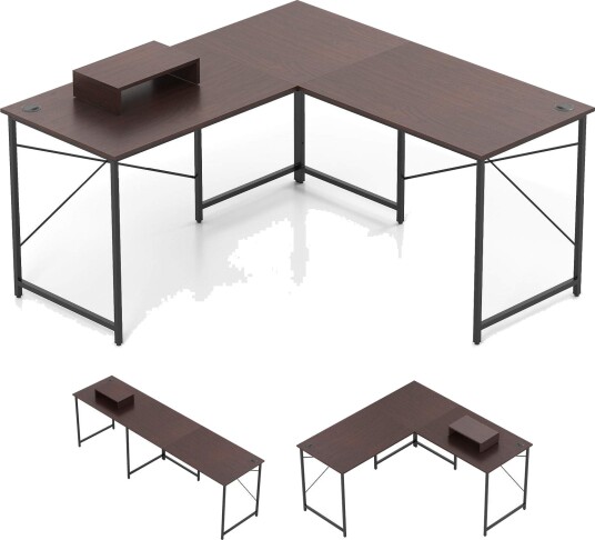 Vendbart L formet skrivebord med ladestasjon brun Vendbart L formet skrivebord med ladestasjon brun