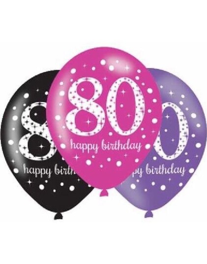 80 Års Dagen 6 stk Svart Rosa og Lilla Ballonger 27,5 cm