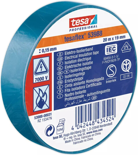 TESA 53988 Isolasjonstape PVC Blå 19mm x 20m TESA 53988 Isolasjonstape PVC Blå 19mm x 20m