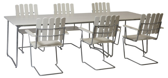 Grythyttan Stålmöbler B31 spisegruppe Hvitlakkert ek/galvanisert stål 6 lenestoler, bord 84 x 92 cm & bord 170 x 92 cm