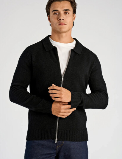 Lindbergh Lambswool L/S Cardigan With 2-Way Z - Black - L