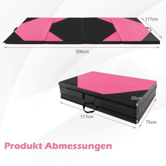 Sammenleggbar treningsmatte laget av kunstskinn med borrelås og amp Bærehåndtak 300 x 117 x 5 cm rosa