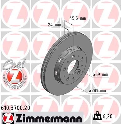 Bremseskive ZIMMERMANN 610.3700.20 Bremseskive ZIMMERMANN 610.3700.20