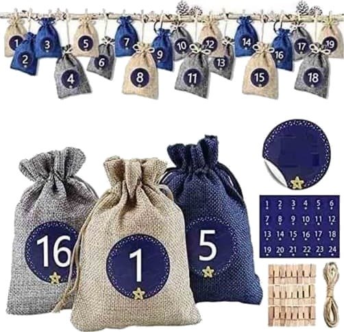 Adventskalender   Stoffgavepose for nedtelling fra 1 til 24 dager   Med snøring og nummererte klistremerker