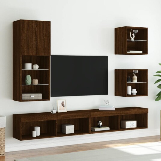  Veggmontert nattbord med LED-lys 2 stk brun eik 8721012256613
