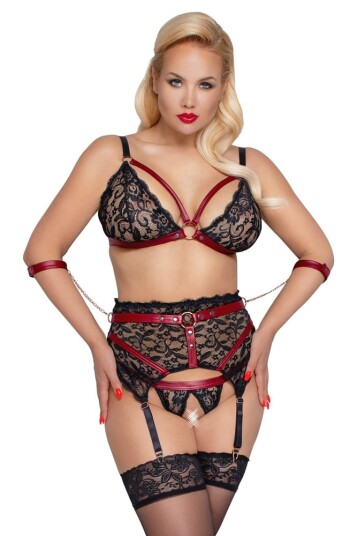 Lace Crotchless Bondage Set with Chains - Black & Red Lace Crotchless Bondage Set with Chains - Black & Red