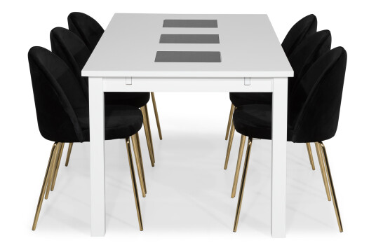 Basic Home Spisegruppe Octavia 180 med 6 Stoler Gerardo Fløyel Hvit|Svart|Messingben