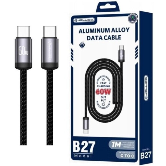 Jellico B27 USB C til USB C Hurtigladerkabel – 60W 1m Svart Aluminium