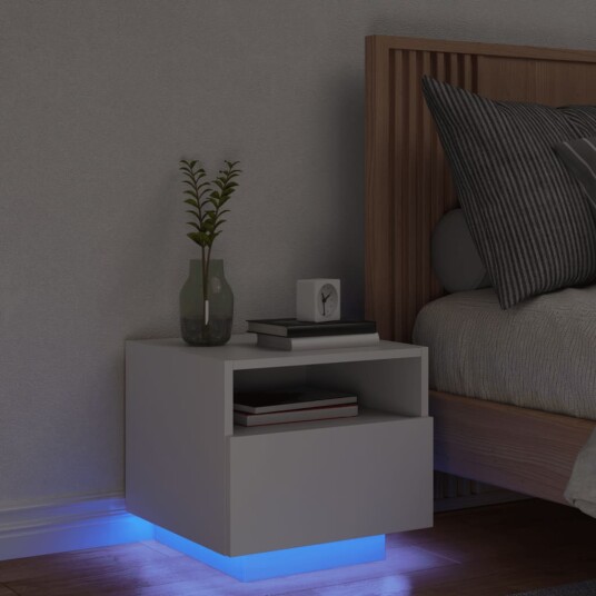  Nattbord med LED hvit 40x39x37 cm 836798