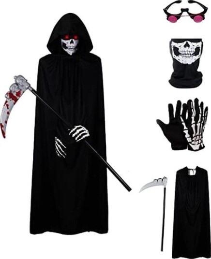 Halloween Dødskostyme med Kappe, Ljå og Hansker