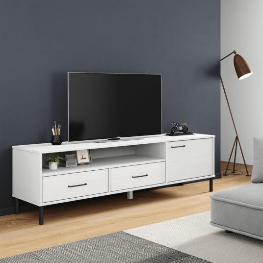  TV benk med metallben hvit heltre furu OSLO