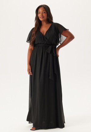 Goddiva Curve Flutter Sleeve Chiffon Maxi Curve Dress Black 52 UK24