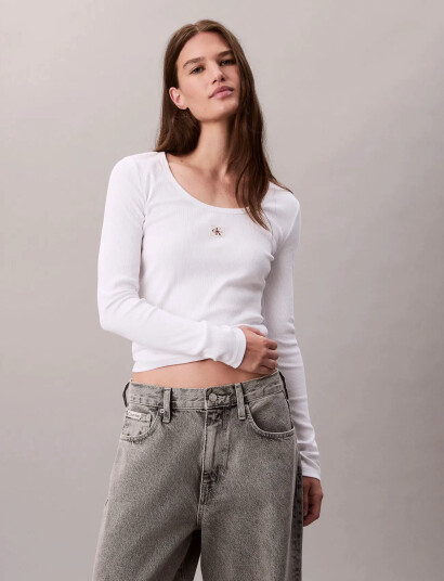 Calvin Klein Jeans Ls Woven Label 2X2 Rib Scoop Nec - White - XS Calvin Klein Jeans Ls Woven Label 2X2 Rib Scoop Nec - White - XS