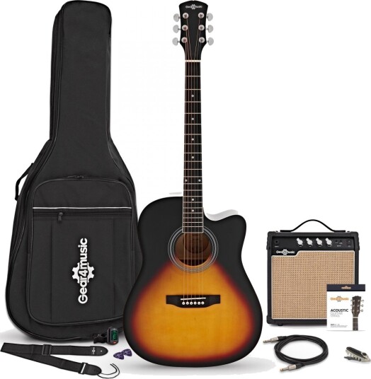 Gear4Music Dreadnought Cutaway Elektroakustisk Gitar Sunburst med 15 W Forsterkerpakke