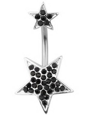 Navlepiercing med To Stjerner Dekorert med Svarte Stener Navlepiercing med To Stjerner Dekorert med Svarte Stener