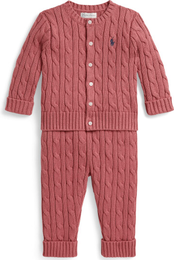 Ralph Lauren Baby Cable Knit Cotton Cardigan & Pant Pink 70 74
