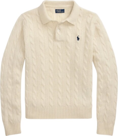 Polo Ralph Lauren Cable Knit Wool Cashmere Polo Sweater   Cream   L