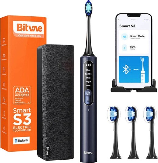 Bitvae S3 Elektrisk tannbørste med reiseetui/børstehoder/app (40 000 RPM) Mørkeblå