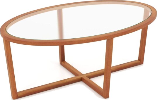 Salongbord i glass med kryssfot og ben laget av akasietre Moderne sidebord i glass